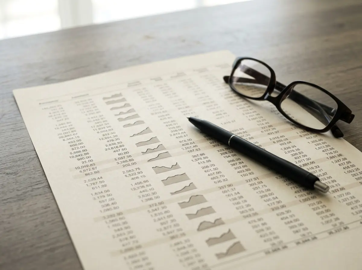 Bureau d'analyste avec rapport financier imprimé et stylo, vue rapprochée